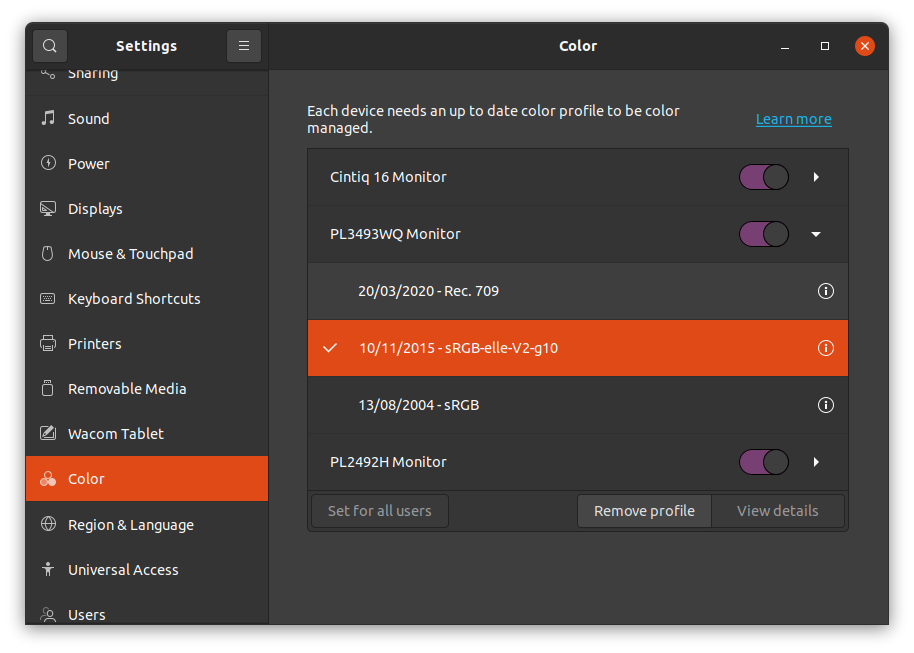 Capture d'écran des options de profil Ubuntu
